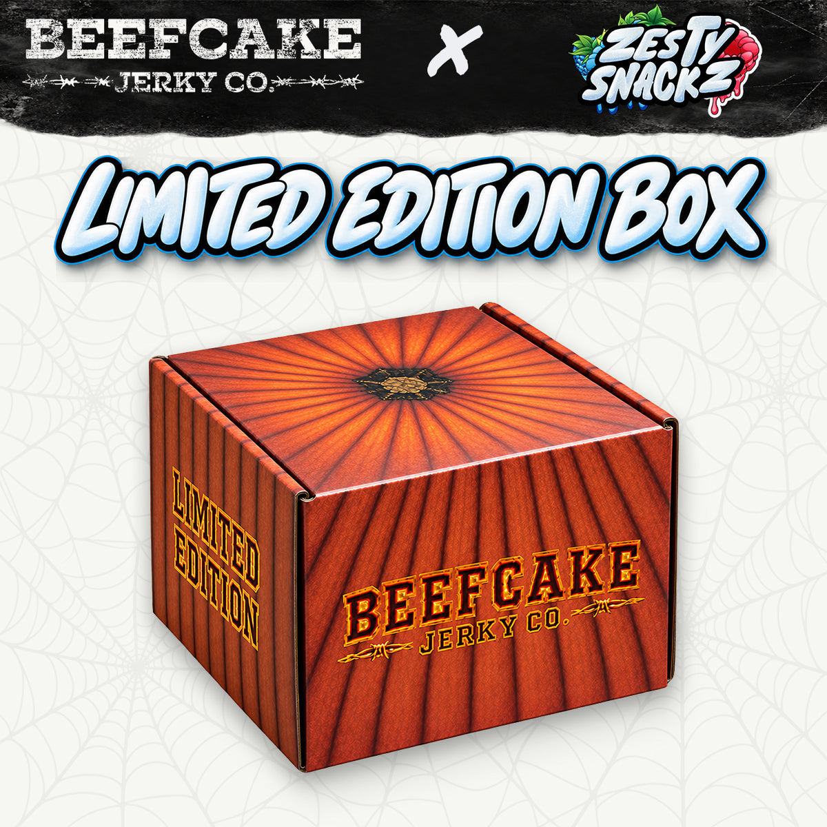 Orange pumpkin-design BeefCake limited-edition box for the Zesty Snackz Halloween collaboration.
