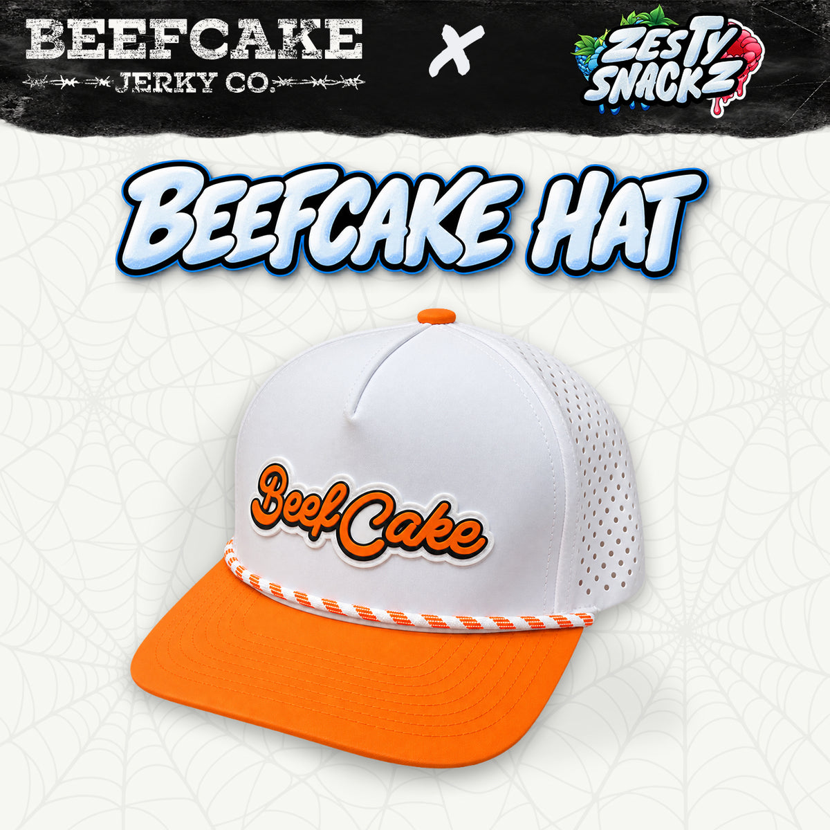 White BeefCake hat with orange bill, orange logo and orange-and-white rope trim.