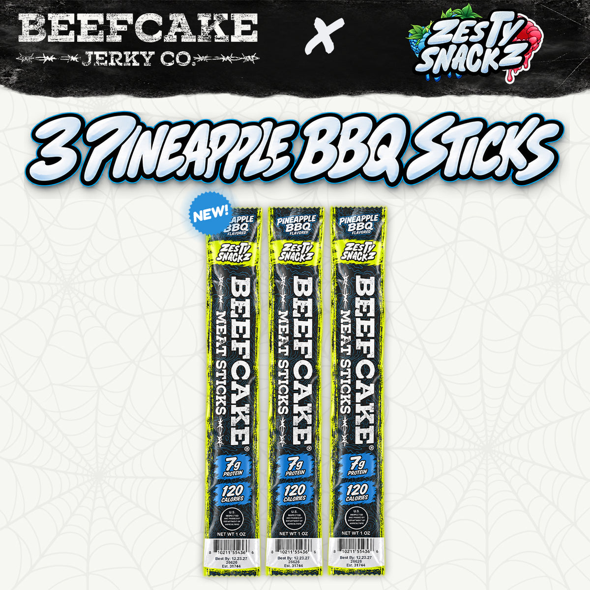 Three BeefCake × Zesty Snackz Pineapple BBQ meat sticks.