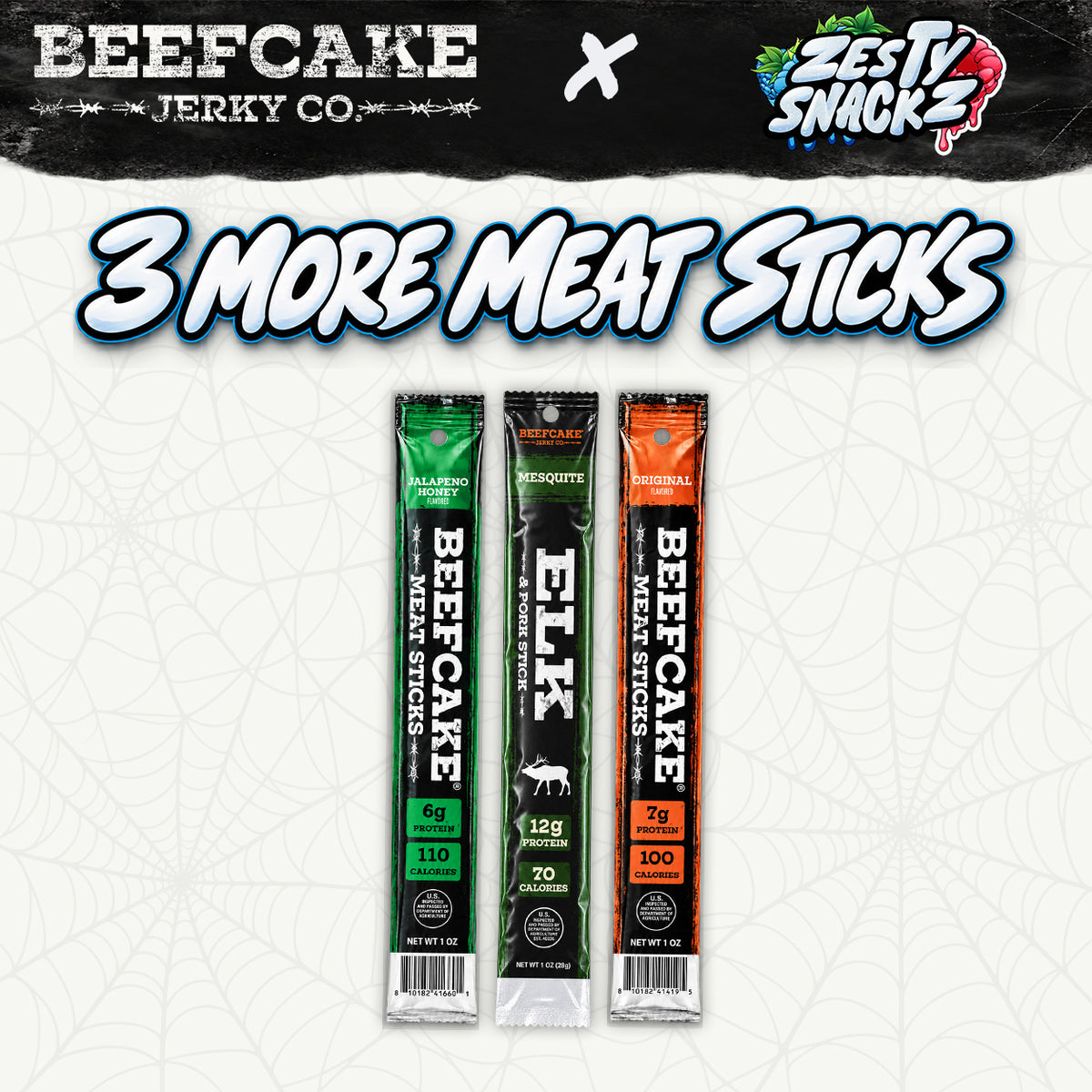 BeefCake Jalapeño Honey and Original meat sticks with a Mesquite Elk & Pork stick.