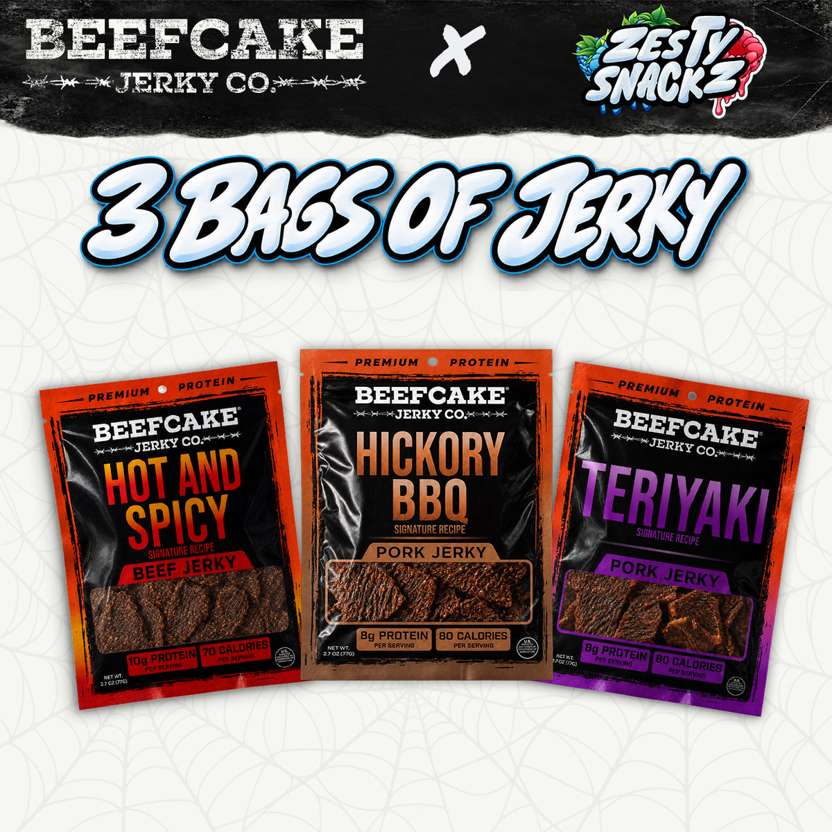 BeefCake Hot and Spicy Beef Jerky, Hickory BBQ Pork Jerky and Teriyaki Pork Jerky bags.