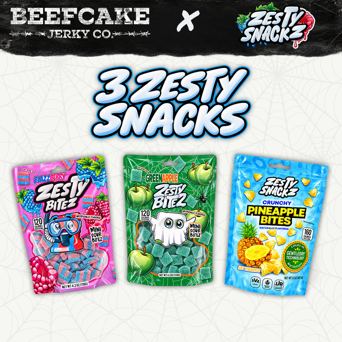 Zesty Snackz Blazzberry and Green Apple Zesty Bitez candy bags with Crunchy Pineapple Bites.