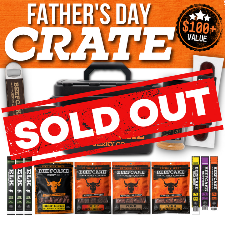 Father's Day Crate with jerky, meat sticks, seasoning, summer sausage, leather gear, and storage crate