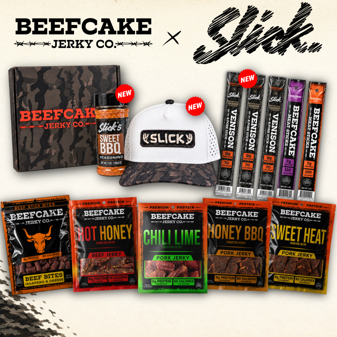 Slick Stevie x BeefCake bundle with jerky, Meat Sticks, Beef Bites, Sweet BBQ seasoning, a camo-brim hat and camo box.