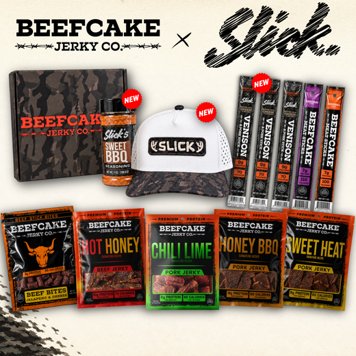 Slick Stevie x BeefCake bundle with jerky, Meat Sticks, Beef Bites, Sweet BBQ seasoning, a camo-brim hat and camo box.