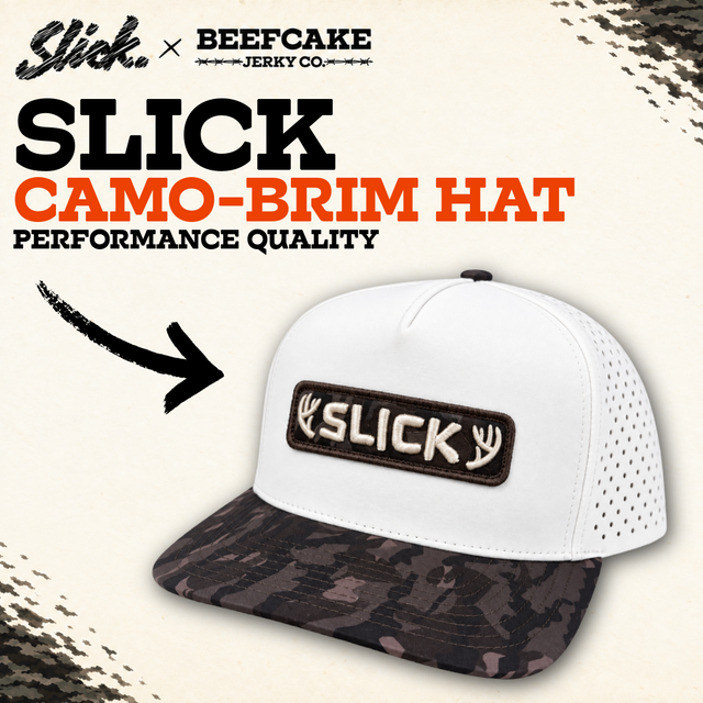 Slick camo-brim hat with a white crown, embroidered Slick patch and perforated side panels.