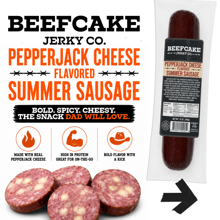 Pepperjack cheese flavored summer sausage with bold spicy cheesy flavor
