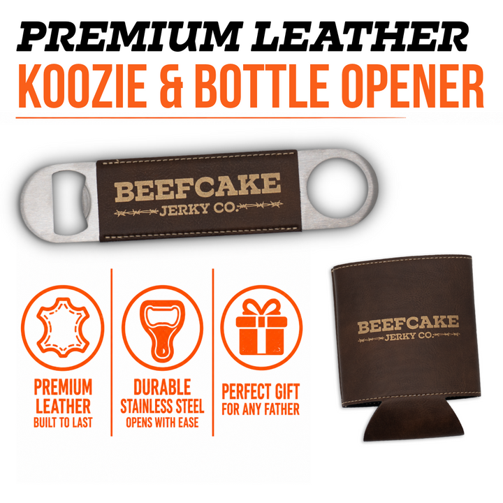 Premium leather koozie and bottle opener