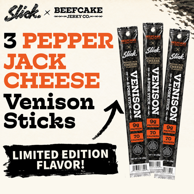Three limited-edition Slick x BeefCake Pepper Jack Cheese Flavored Venison & Pork Meat Sticks, with 9g protein each.