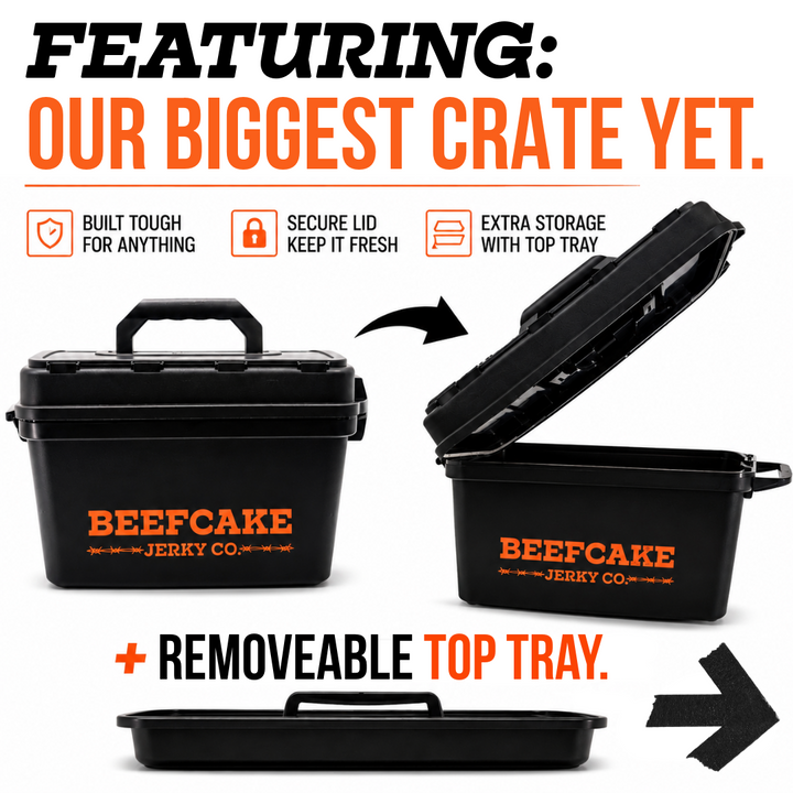 Beefcake storage crate with secure lid and removable top tray