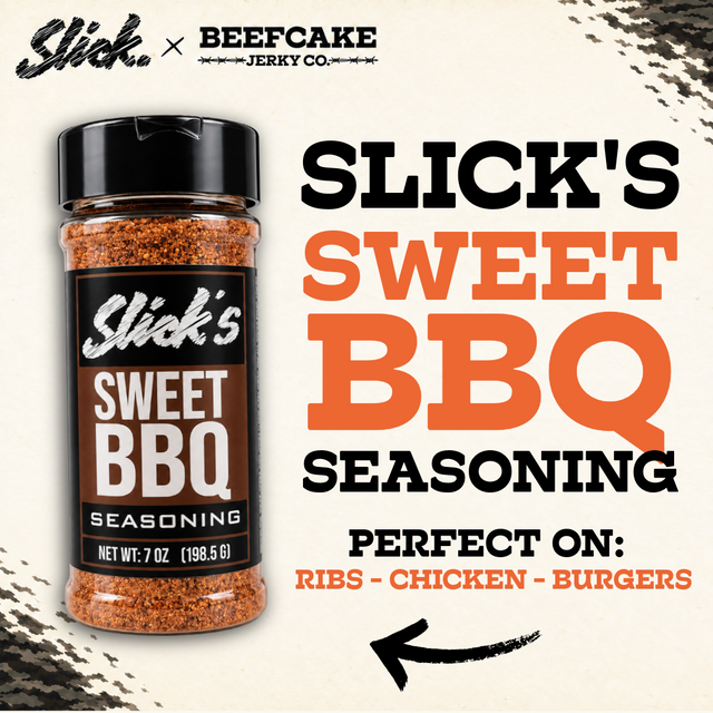 Slick's Sweet BBQ Seasoning, a 7 oz bottle for ribs, chicken and burgers.