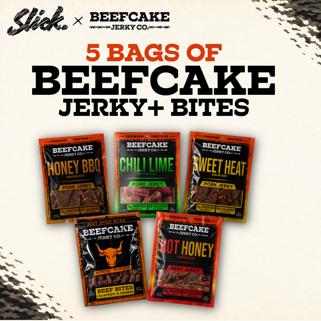 Four jerky bags: Honey BBQ Pork, Chili Lime Pork, Sweet Heat Pork and Hot Honey Beef, plus Jalapeno & Cheese Beef Bites.