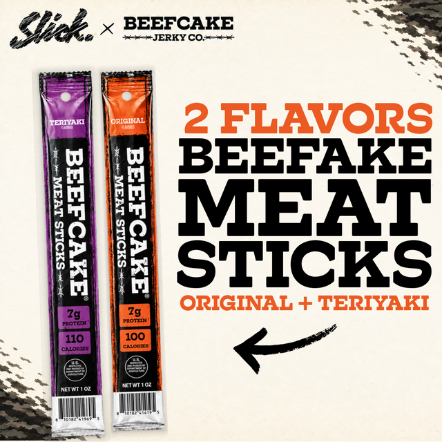 Two BeefCake Meat Sticks included in the Slick bundle: one Original and one Teriyaki.