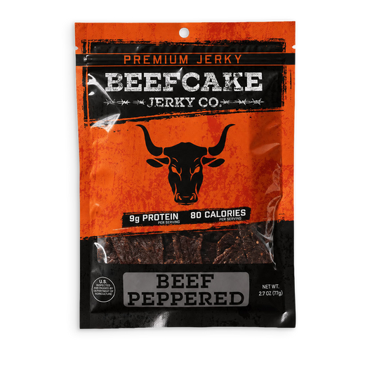 Beefcake Jerky Co. Premium Jerky Beef Peppered in a clear resealable pouch with an orange and black label featuring a bull silhouette.
