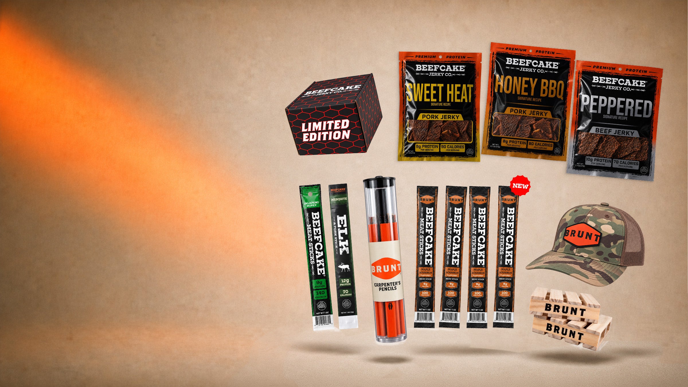 Beefcake jerky bags and meat sticks