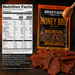 A package of Beefcake Jerky Co. Honey BBQ Signature Recipe Pork Jerky is shown alongside a close-up of glazed jerky pieces and a honey dipper, with a Nutrition Facts panel and ingredients list overlaid on a dark textured background.