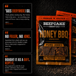 A package of Beefcake Jerky Co. Honey BBQ Pork Jerky is shown on a dark textured background with three quote panels on the left.