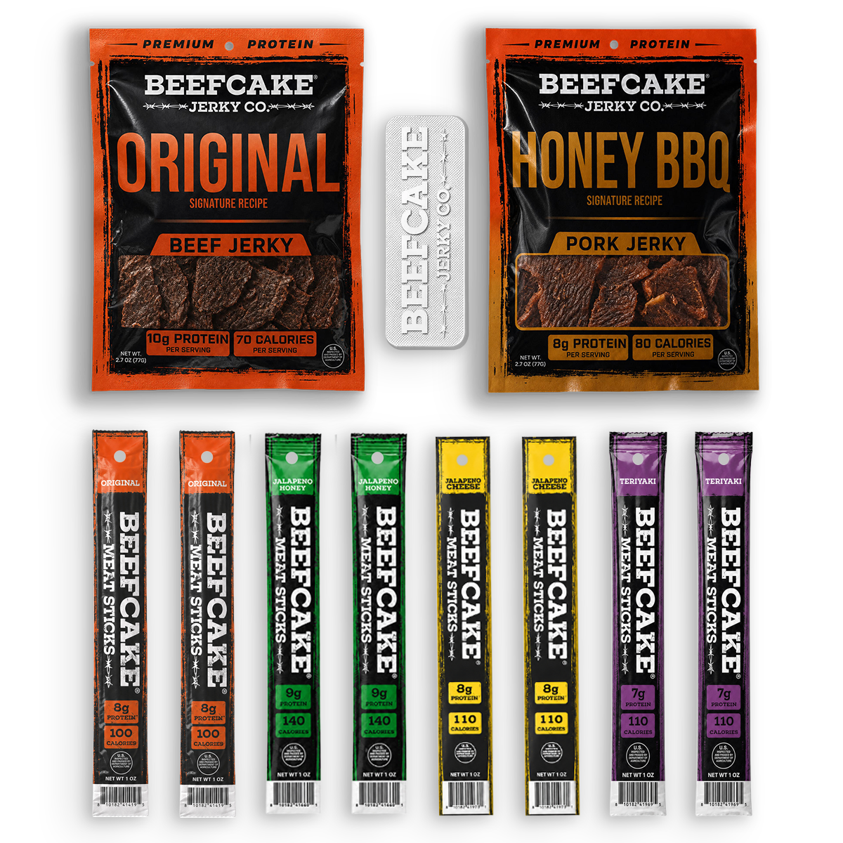 BeeCake Jerky Co. beef jerky product lineup on a white background, featuring two large pouches (Original and Honey BBQ) and eight single-serve sticks in assorted flavor colors.