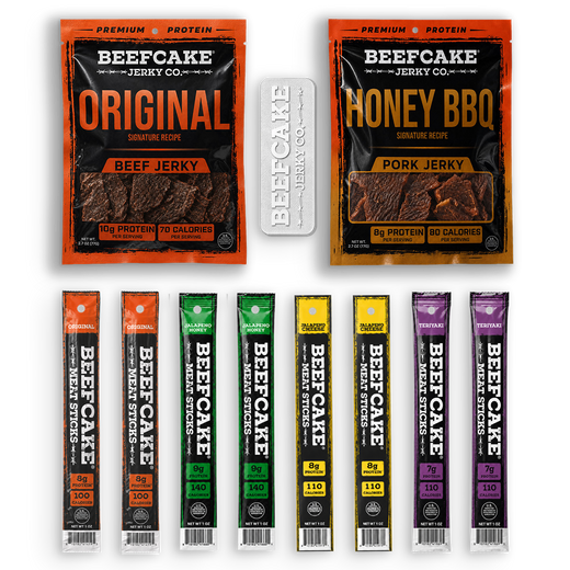 BeeCake Jerky Co. beef jerky product lineup on a white background, featuring two large pouches (Original and Honey BBQ) and eight single-serve sticks in assorted flavor colors.