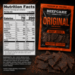 A package of Beefcake Jerky Co. Original Beef Jerky shown next to a Nutrition Facts label on a dark textured background with pieces of jerky visible.