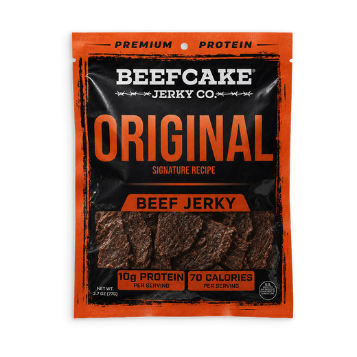 A package of Beefcake Jerky Co. Original Beef Jerky, featuring a black and orange pouch with a clear window showing the dark brown jerky strips inside.