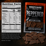 A package of Beefcake Jerky Co. Peppered Beef Jerky shown next to its nutrition facts label, both placed on a dark textured surface with a piece of jerky in the foreground.