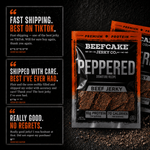 BEEFCAKE Jerky Co. Peppered Beef Jerky pouch shown on a dark textured background with two customer review cards on the left.
