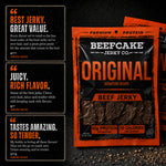 A package of Beefcake Jerky Co. Original Beef Jerky is shown on a dark textured background with three vertical review callouts on the left.