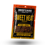 A package of Beefcake Jerky Co. Sweet Heat Pork Jerky, shown floating against a white background with a soft shadow.