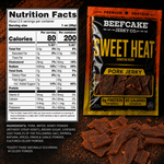 A package of Beefcake Jerky Co. Sweet Heat Pork Jerky shown next to a Nutrition Facts label on a dark brown textured background with jerky pieces scattered around.
