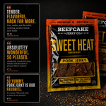 A package of Beefcake Jerky Co. Sweet Heat Pork Jerky is shown on a dark textured background with promotional quote panels on the left.