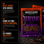 A package of Beefcake Jerky Co. Teriyaki Pork Jerky is displayed on a dark textured background with three customer review cards on the left and a small bowl of teriyaki sauce in the lower right corner.