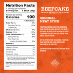 A product information graphic for Beefcake Jerky Co. Original Meat Stick, featuring a large Nutrition Facts label on the left and product description text on the right, all set against a textured orange background.
