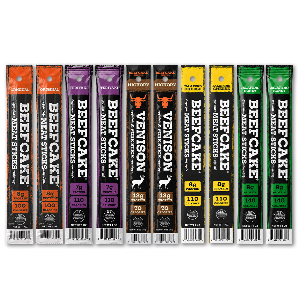 Nine beef jerky meat stick pouches in assorted flavors lined up on a white background. The packages feature different color bands (orange, purple, brown, yellow, green) with labels including Original, Teriyaki, Hickory, Venison, Balanced Chicken, and Balancing Act.