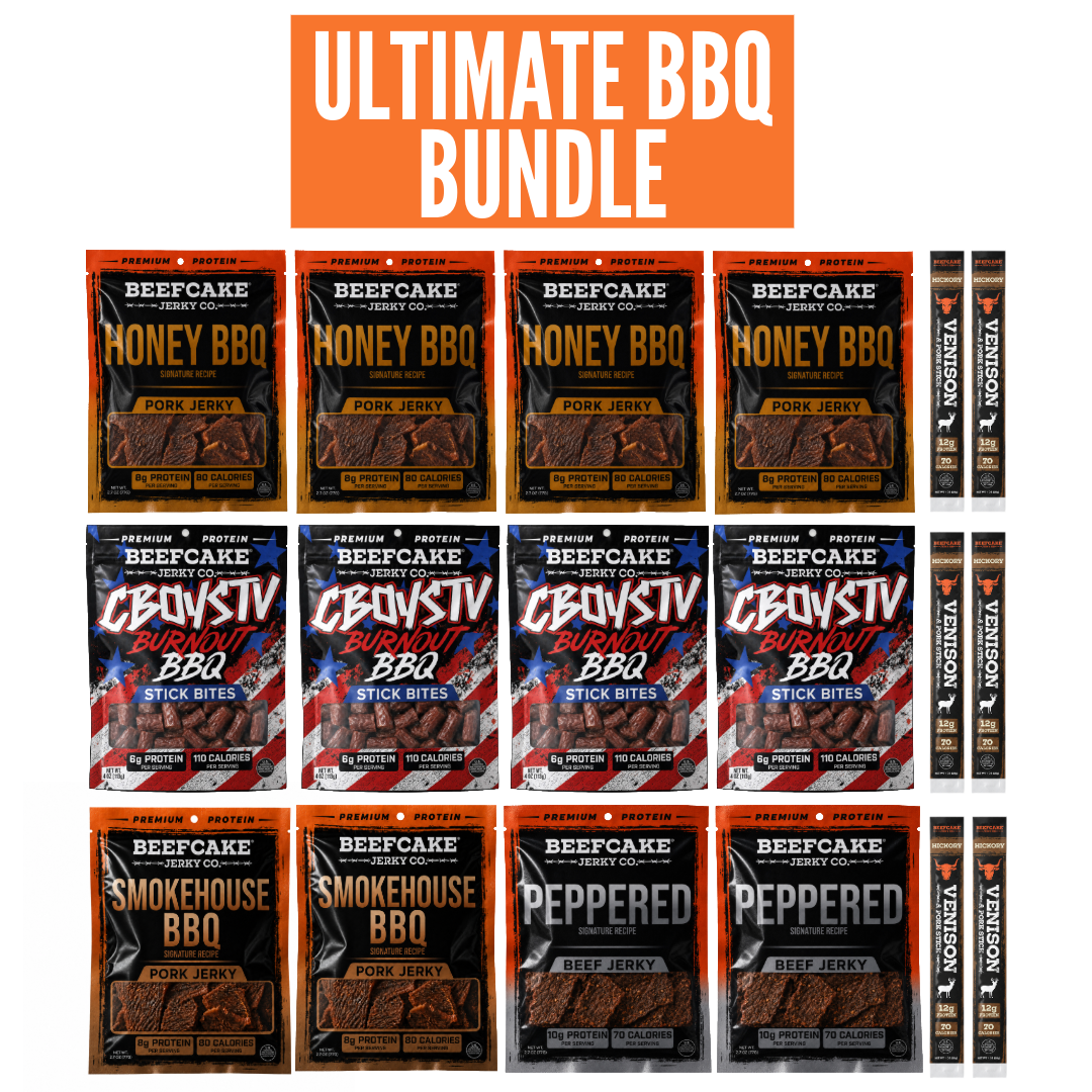 Ultimate BBQ Bundle featuring multiple packages of beef jerky sticks from Beefcake and Grblstiv, including Honey BBQ, Smokehouse BBQ, Peppered BBQ, and Nickey BBQ, arranged in a grid under an orange banner.