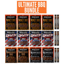 Ultimate BBQ Bundle featuring multiple packages of beef jerky sticks from Beefcake and Grblstiv, including Honey BBQ, Smokehouse BBQ, Peppered BBQ, and Nickey BBQ, arranged in a grid under an orange banner.