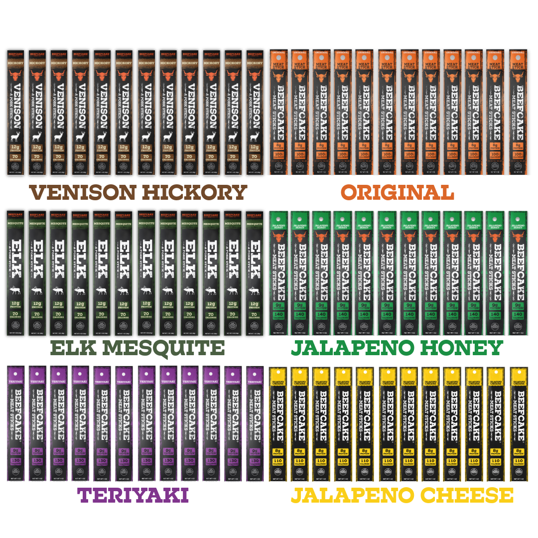 A product lineup graphic showing multiple bottles of Bepoastek meat seasoning rubs arranged in four color-coded groups labeled Venison Hickory, Original, Elk Mesquite, and Teriyaki, with additional flavor variants including Elk, Venison, Jalapeno Honey, and Jalapeno Cheese.