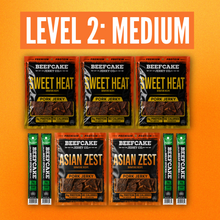 A promotional bundle graphic for Beefcake Jerky Co. featuring two large Sweet Heat Pork Jerky bags, two large Asian Zest Pork Jerky bags, and four smaller green and white Beefcake Jerky sticks, all arranged on an orange background with a large text header reading 'LEVEL 2: MEDIUM'.