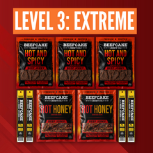 A promotional graphic showing six packages of Beefcake Jerky Co. beef jerky arranged in two rows on a red background, with a large orange banner at the top reading 'LEVEL 3: EXTREME'.