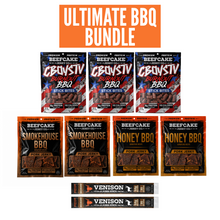 A product bundle graphic featuring multiple packages of beef and pork BBQ jerky alongside two boxed Venison pork steaks, with a large orange header reading 'ULTIMATE BBQ BUNDLE'. Visible brands include Beefcake Jerky Co.