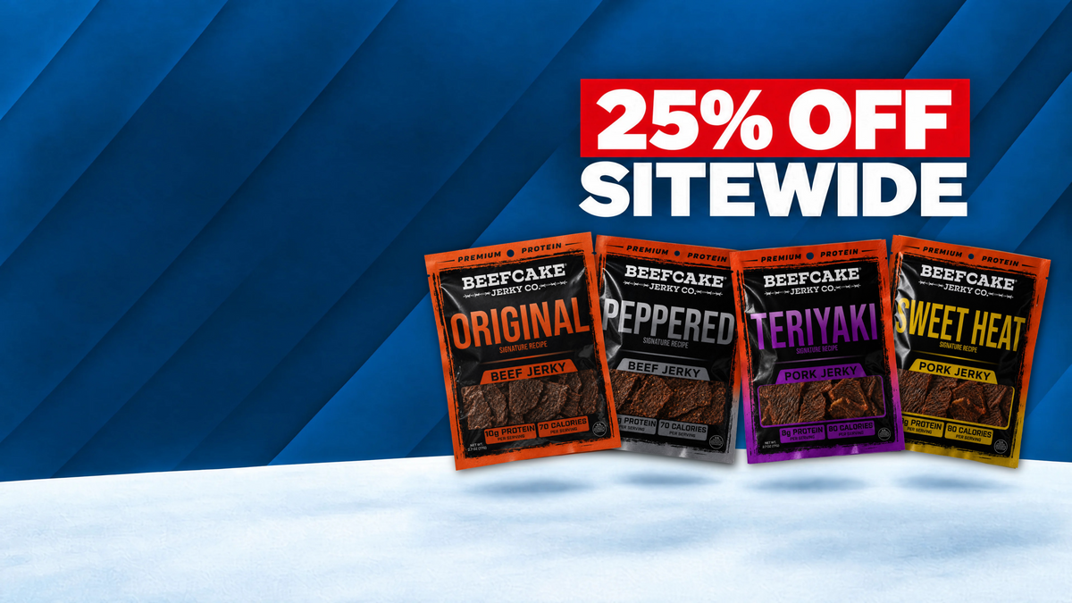 BeefCake Original, Peppered, Teriyaki and Sweet Heat jerky bags with a 25% off sitewide offer