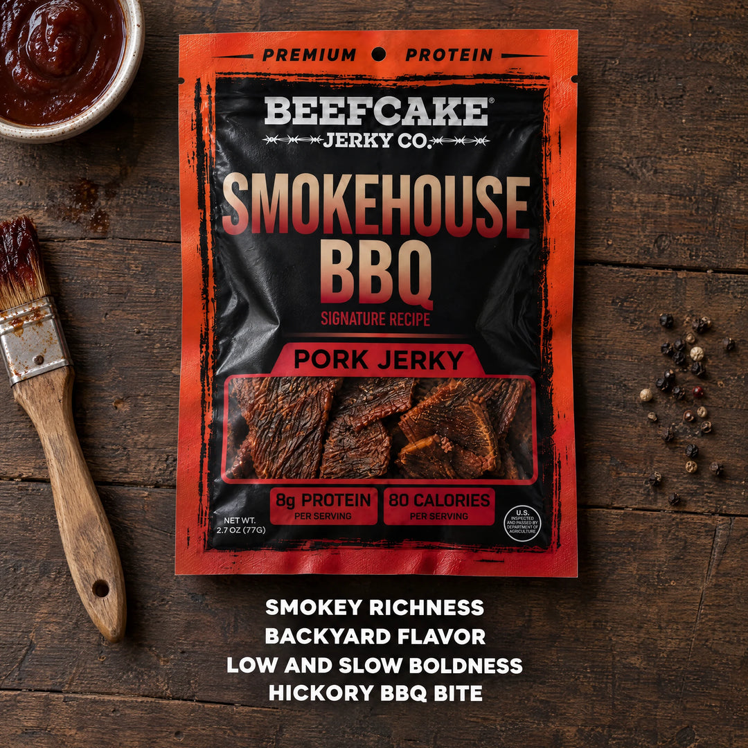 BeefCake Smokehouse BBQ pork jerky with barbecue sauce and a basting brush on a wooden table.