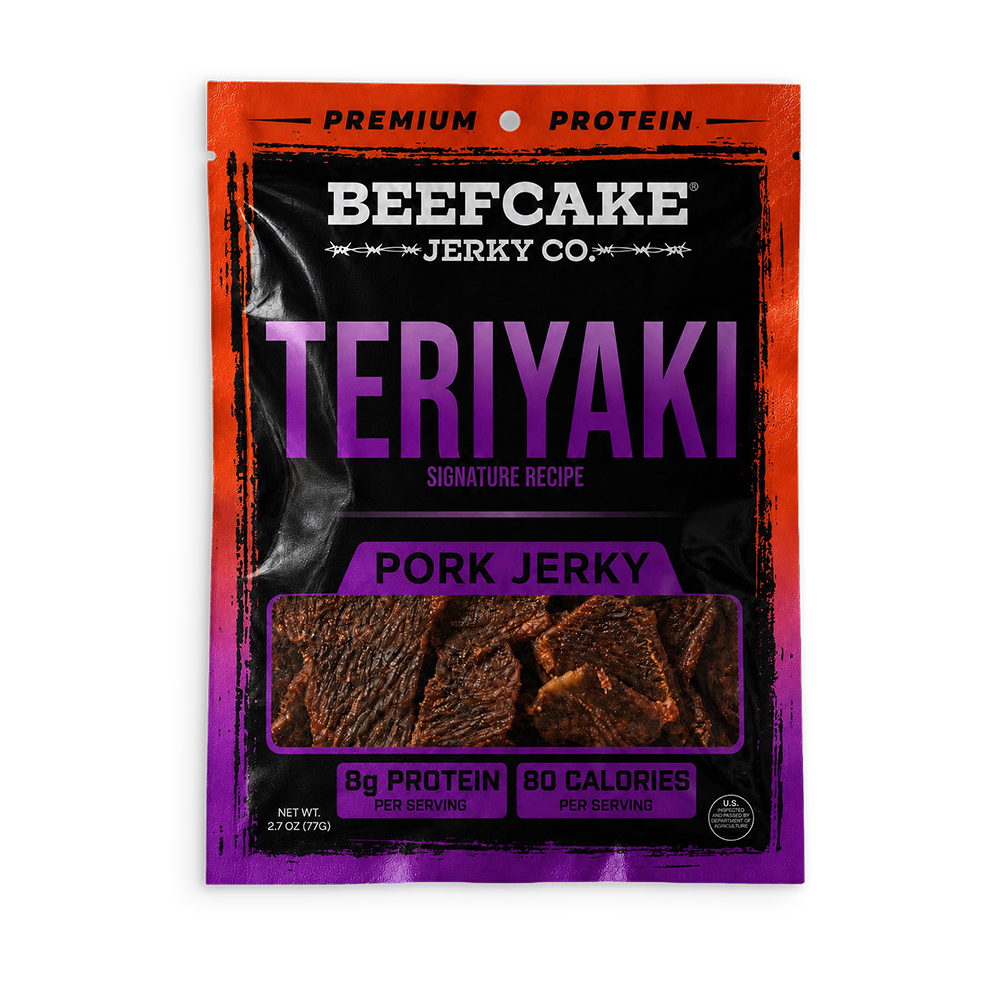 A package of Beefcake Jerky Co. Teriyaki Pork Jerky, featuring a black and purple bag with a red-orange border, showing the jerky pieces through a clear window.