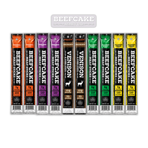 Ten BeefCake meat sticks and the BeefCake Jerky Co. decal on a transparent background