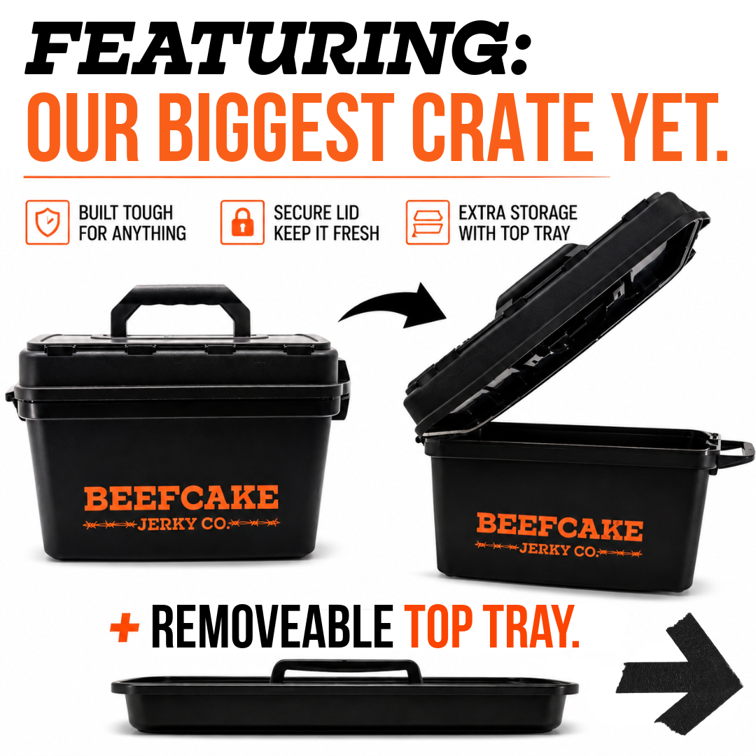 Beefcake storage crate with secure lid and removable top tray