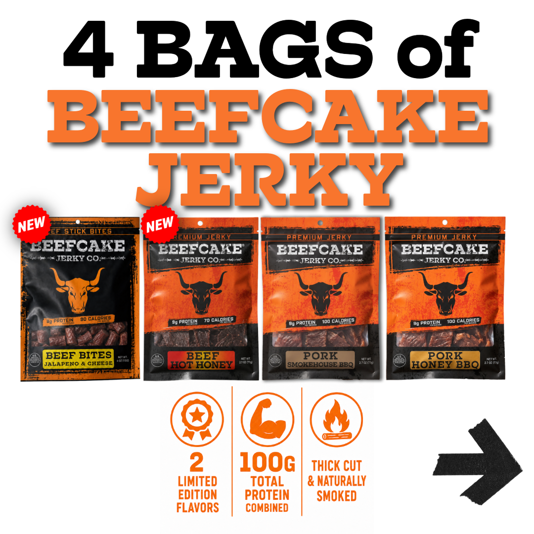 Four bags of Beefcake jerky including Beef Bites, Beef Hot Honey, Pork Smokehouse BBQ, and Pork Honey BBQ