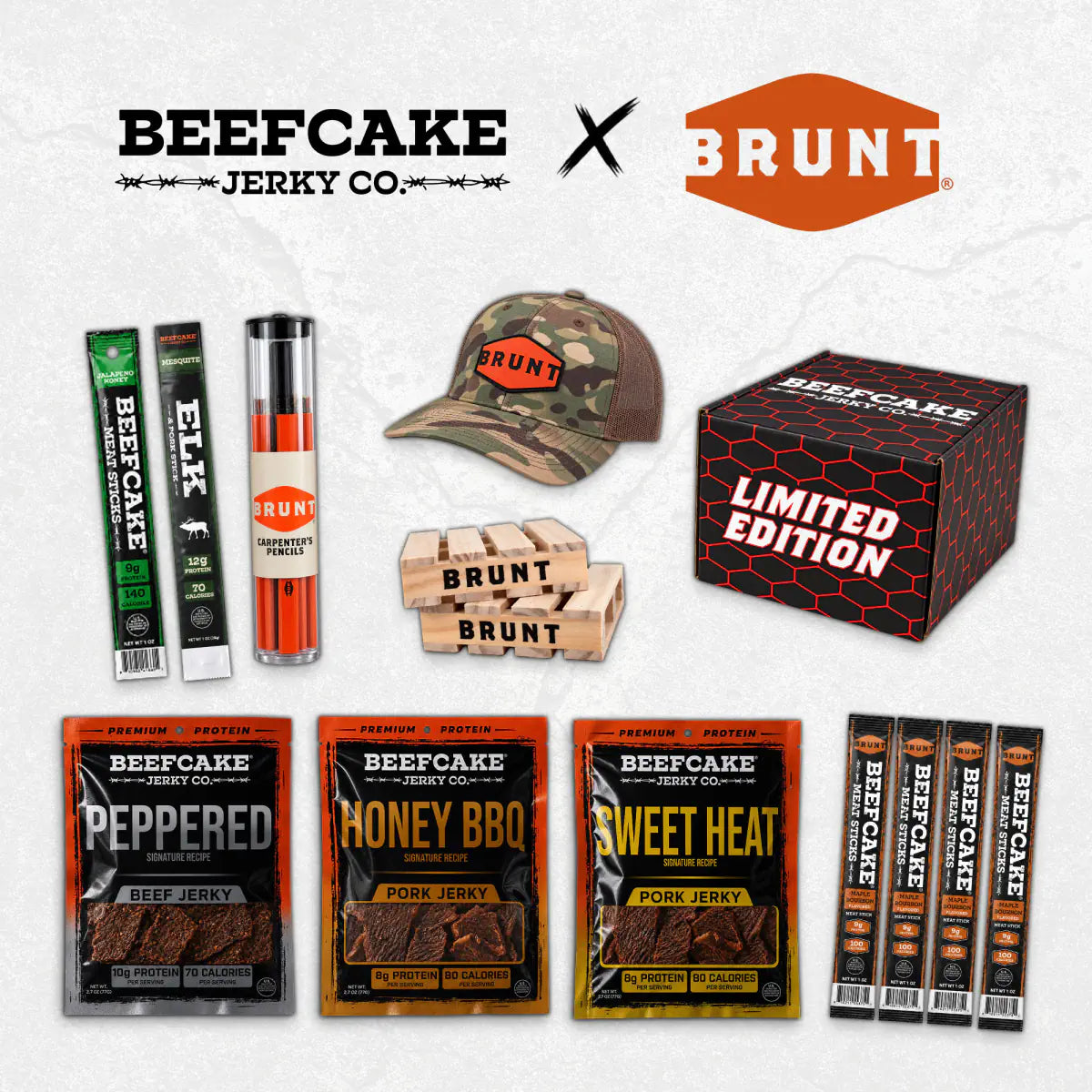 The BRUNT X Beefcake Bundle with jerky, meat sticks, camo hat, carpenter pencils, pallet coasters and collector’s box