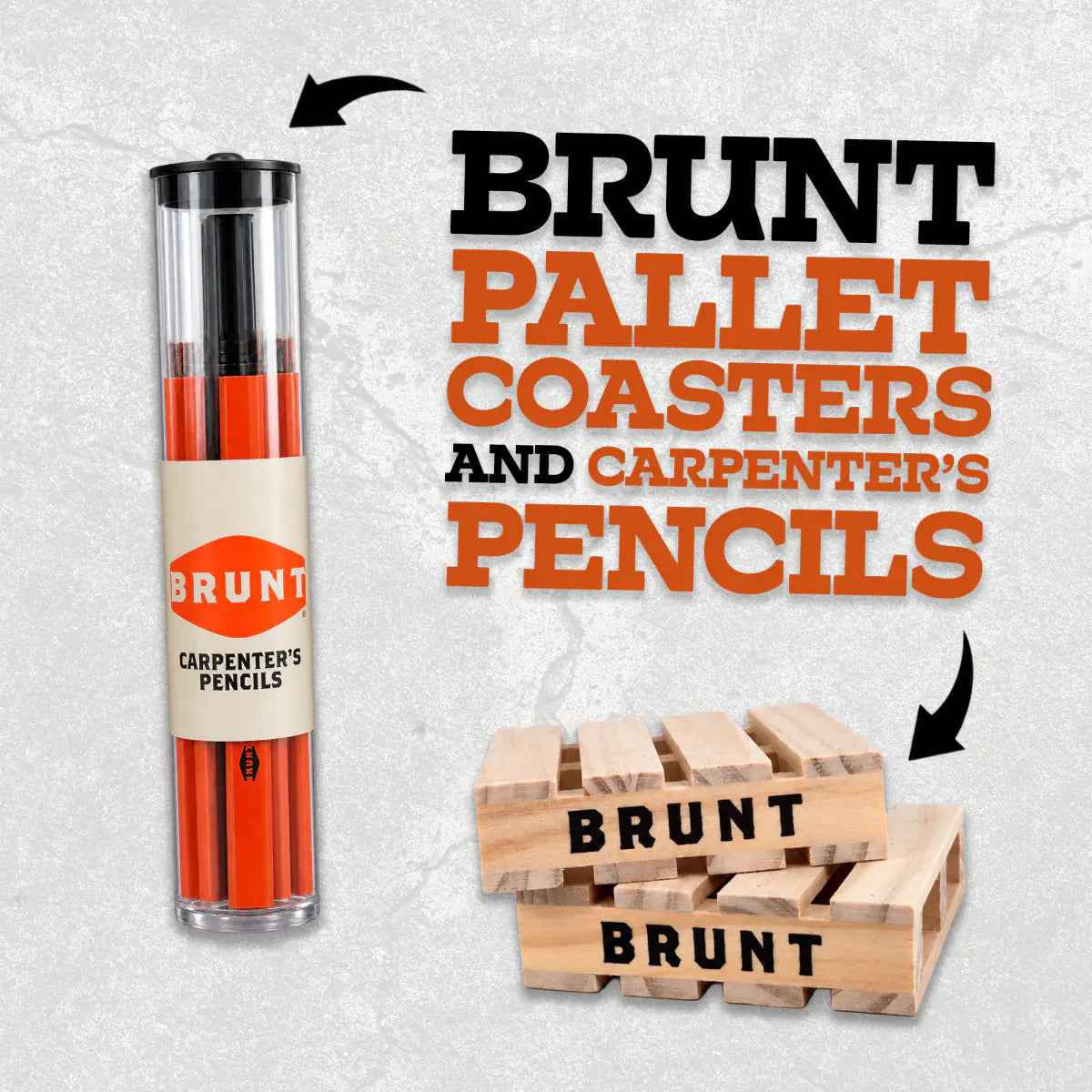 Collab-exclusive BRUNT carpenter pencils and two wooden pallet coasters