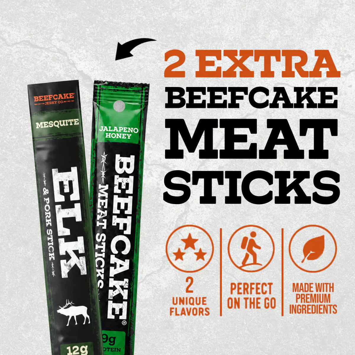 Mesquite elk and Jalapeño Honey meat sticks included in the BRUNT X Beefcake Bundle