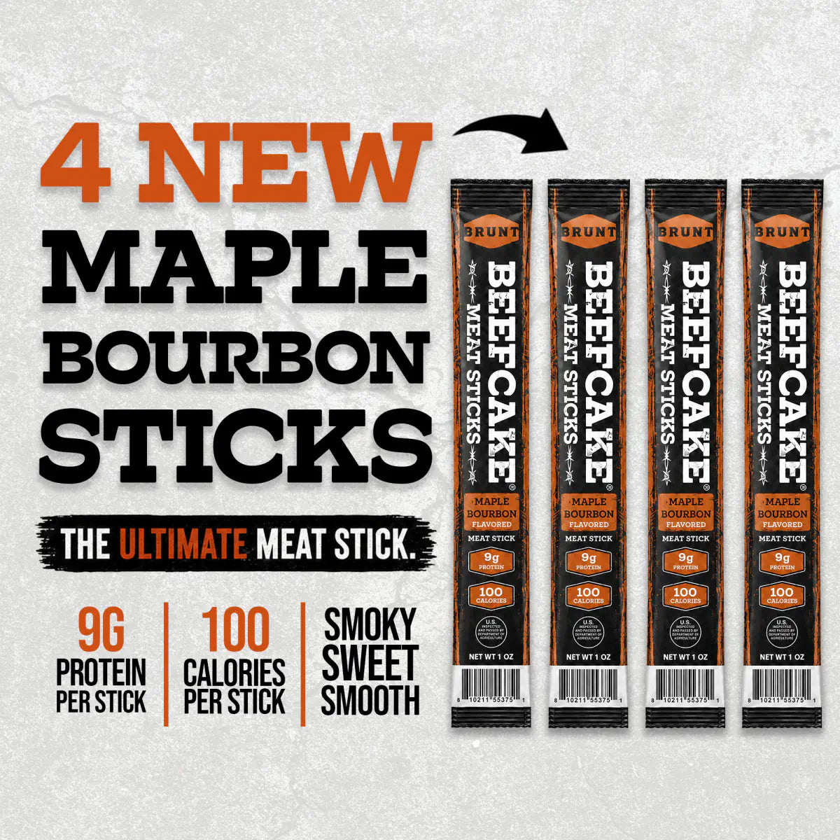 Four collab-exclusive BRUNT × Beefcake Maple Bourbon meat sticks
